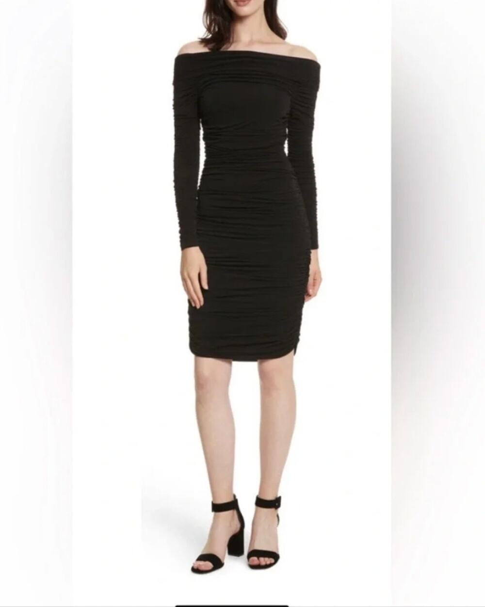 Elizabeth and James Blaise Dress Black Ruched Bodycon Midi sz M